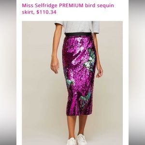 MISS SELFRIDGE NWTs Sz 6 gorgeous purple sequins with green sequin birds skirt